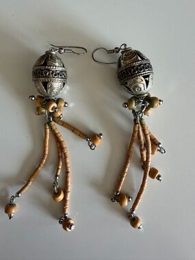 Boho Tribal Silver Tone Wood Bead Dangle Earrings Fringe